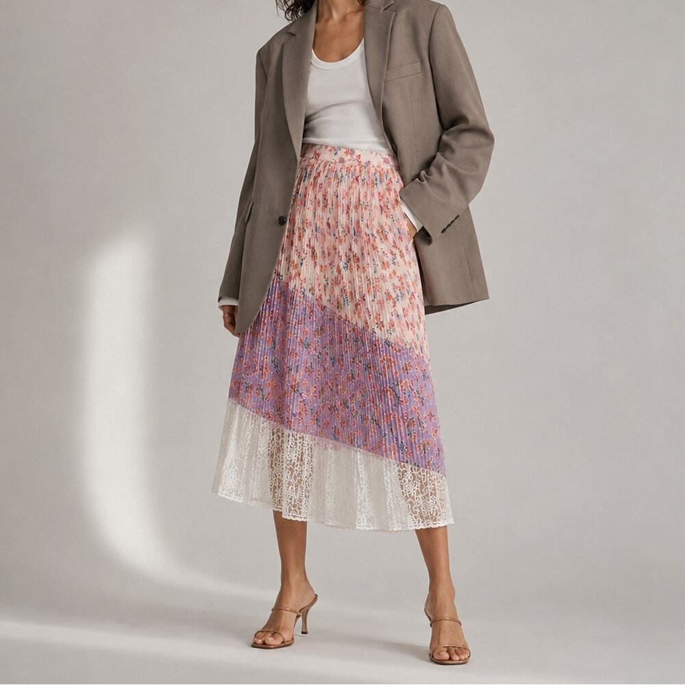 LAIA Floral Pleated Midi Skirt Women's XS Multi Lace Elastic Waist A-line